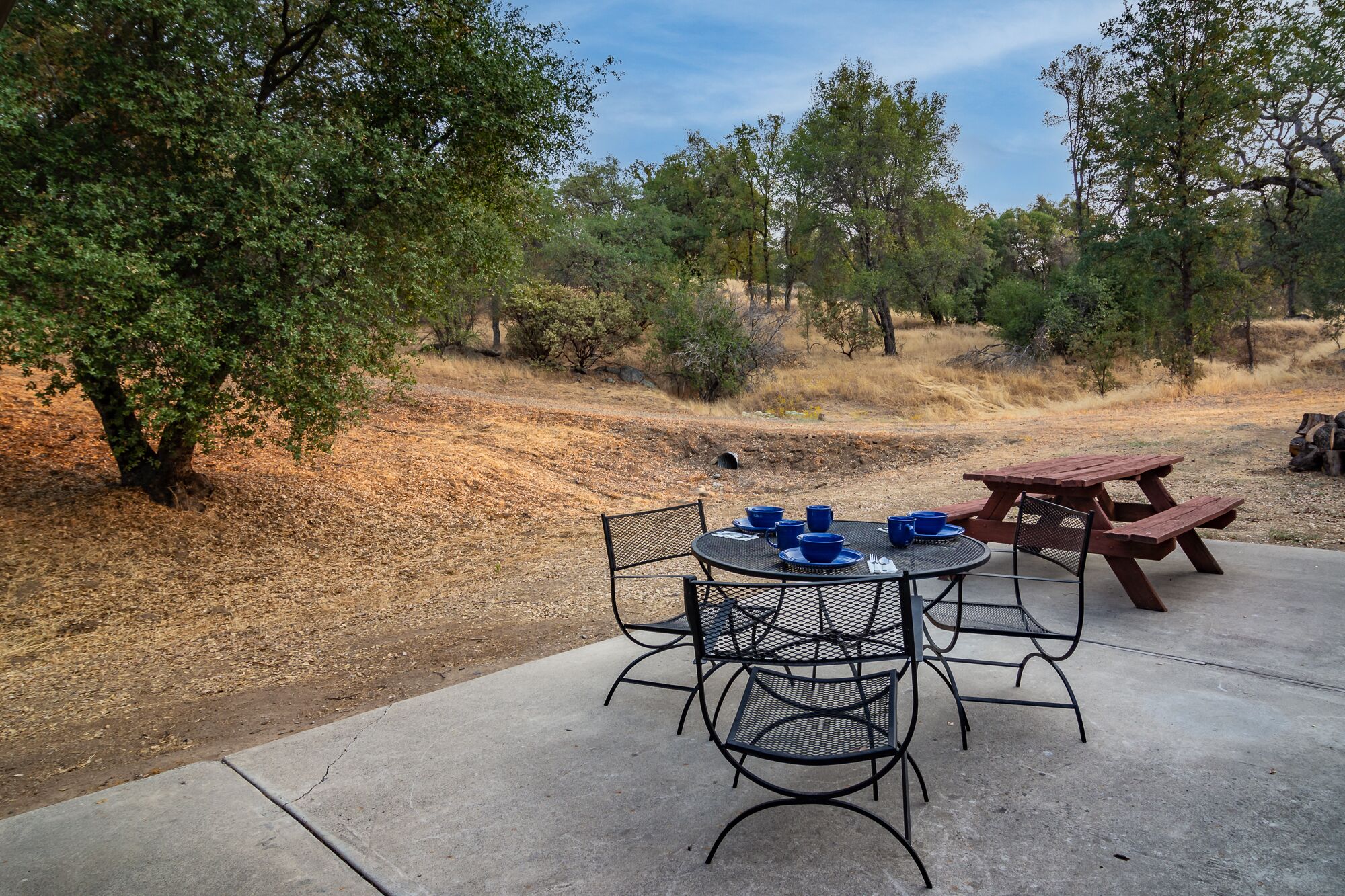 An outdoor dining area with a metal table and chairs, surrounded by trees and a picnic table.