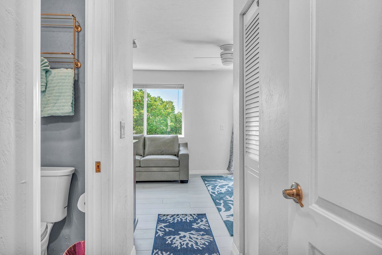 A hallway leading to a living area with a sofa, a window, and a blue patterned rug.