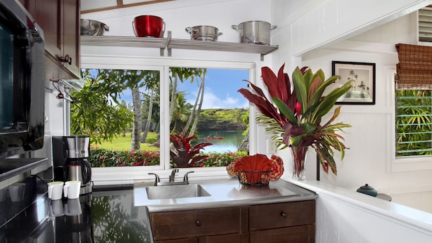 Une cuisine avec vue sur un paysage tropical, une machine à café et un évier.