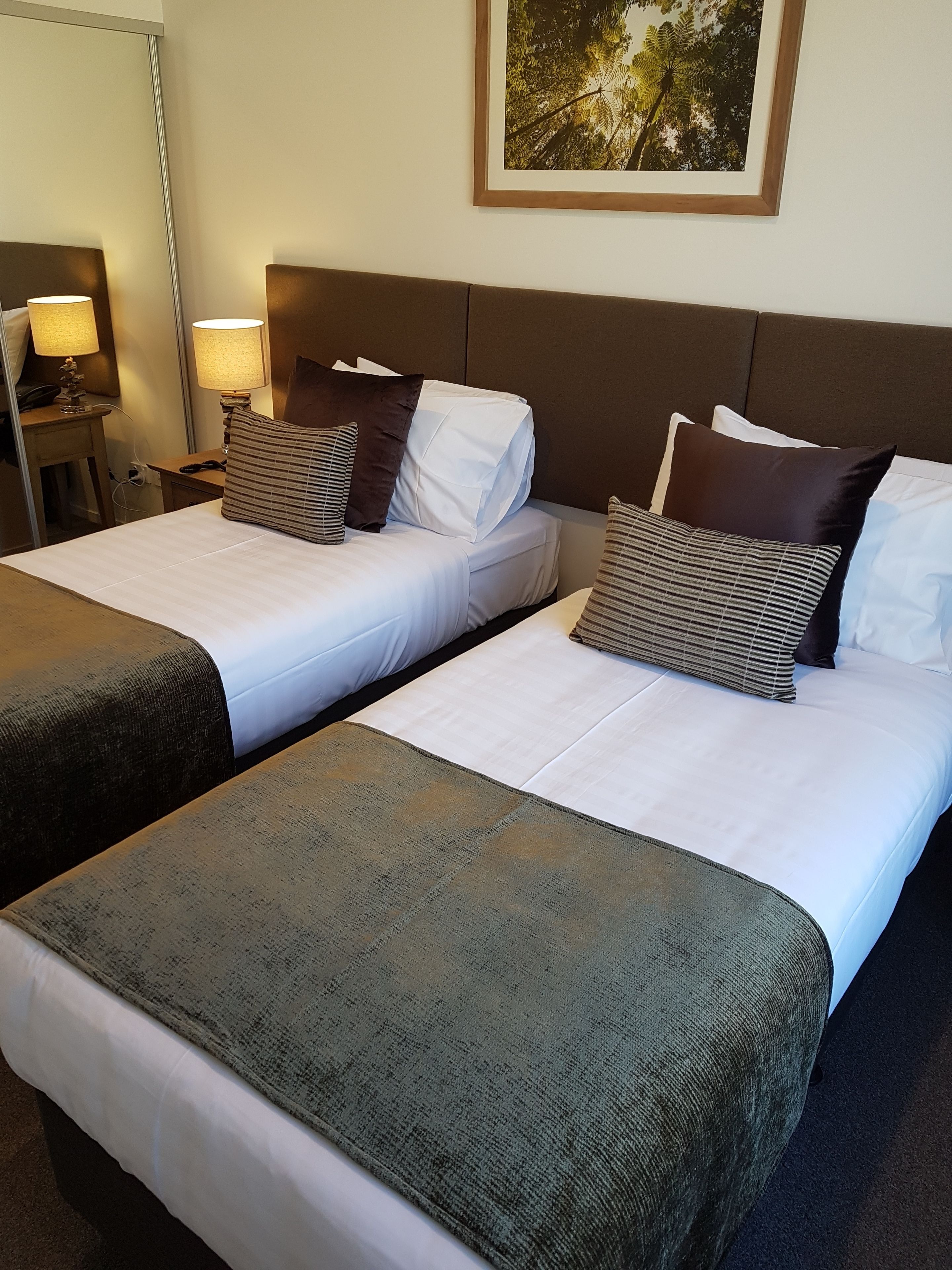 A hotel room with two single beds, each with a pillow and a blanket. There is a nightstand with a lamp and a phone on one side. A framed picture hangs on the wall above the beds.