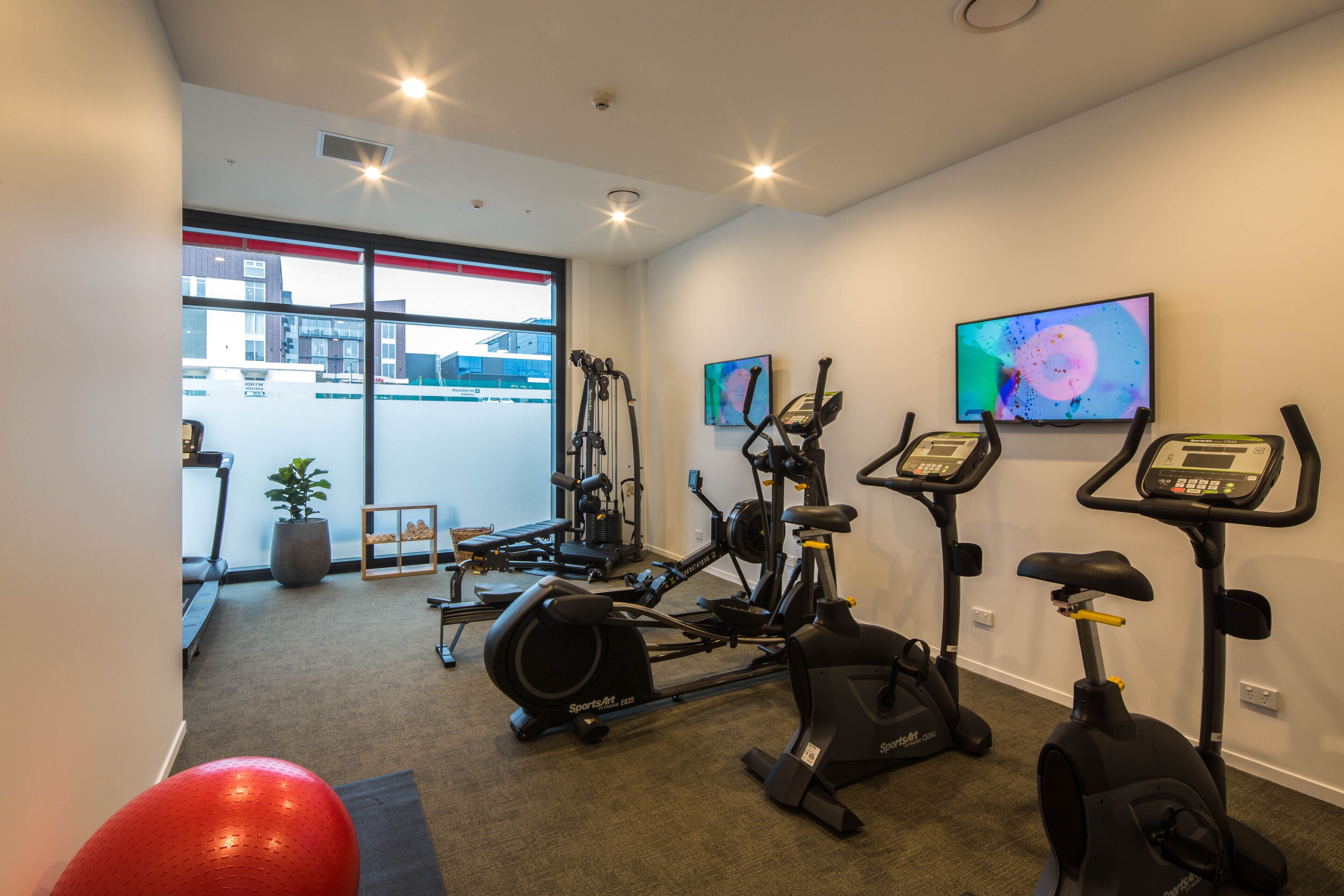 Ein Fitnessraum mit Cardiogeräten, einem Rudergerät und einem roten Trainingsball.