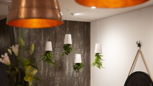 Un interior moderno con lámparas colgantes, una pared rústica y una decoración de cuerda y cabeza de venado en la pared.