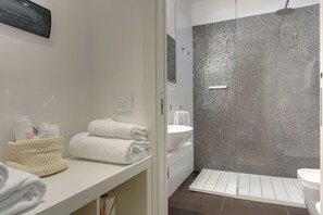 Shower, hair dryer, bidet, towels
