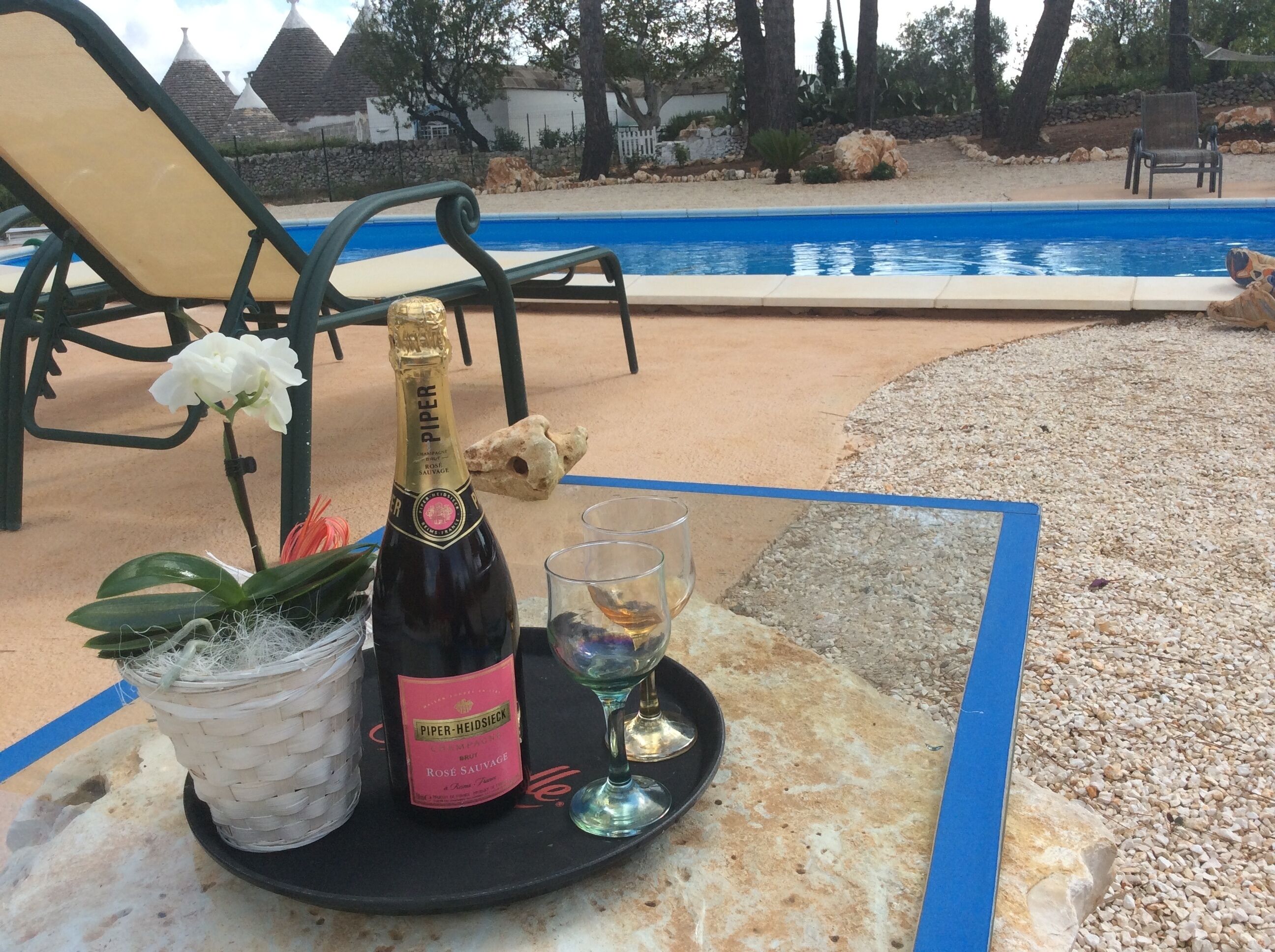 A bottle of PIPER-Heidsieck wine, a glass of wine, and a flower on a table by a poolside.