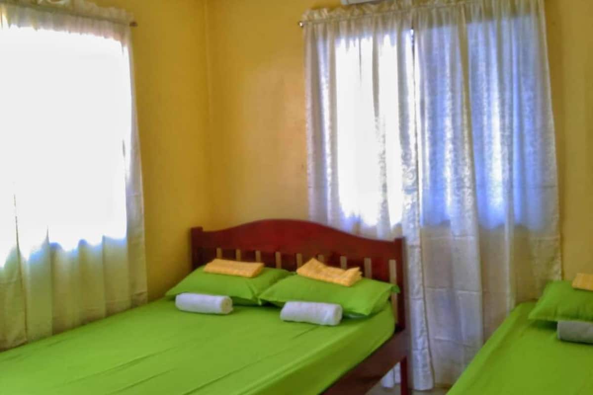 Una habitación con dos camas individuales, cada una con ropa de cama y almohadas verdes, un cabecero de madera y un equipo de aire acondicionado en la pared.