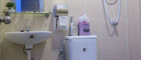 Un baño con inodoro, lavabo y ducha.