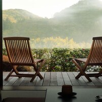 Two wooden chairs facing a view of a forested hillside.