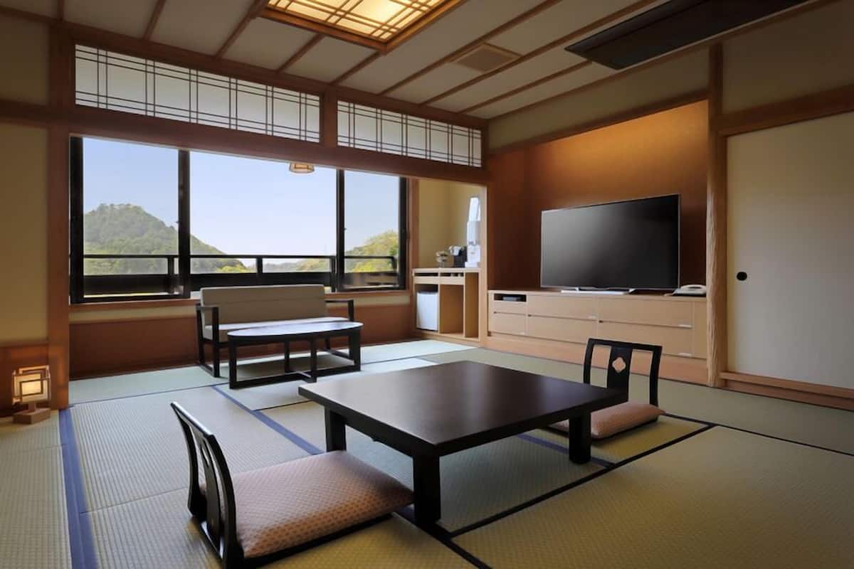 A traditional Japanese room with tatami flooring, a low table, chairs, a television, and a view of a mountain.