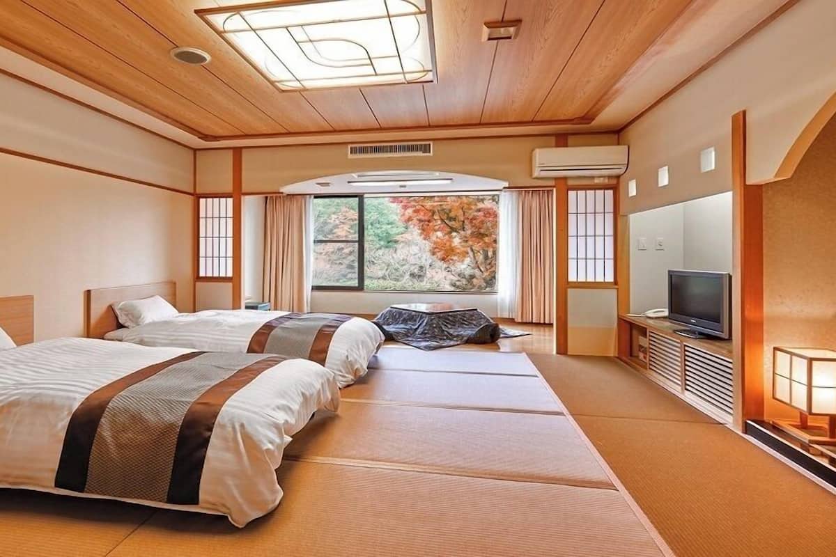 A hotel room with two beds, a TV, an air conditioning unit, and a large window with a view of trees.