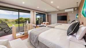 Habitación de hotel moderna con dos camas grandes, un balcón con vistas, un televisor de pantalla plana y una pared de acento de madera.