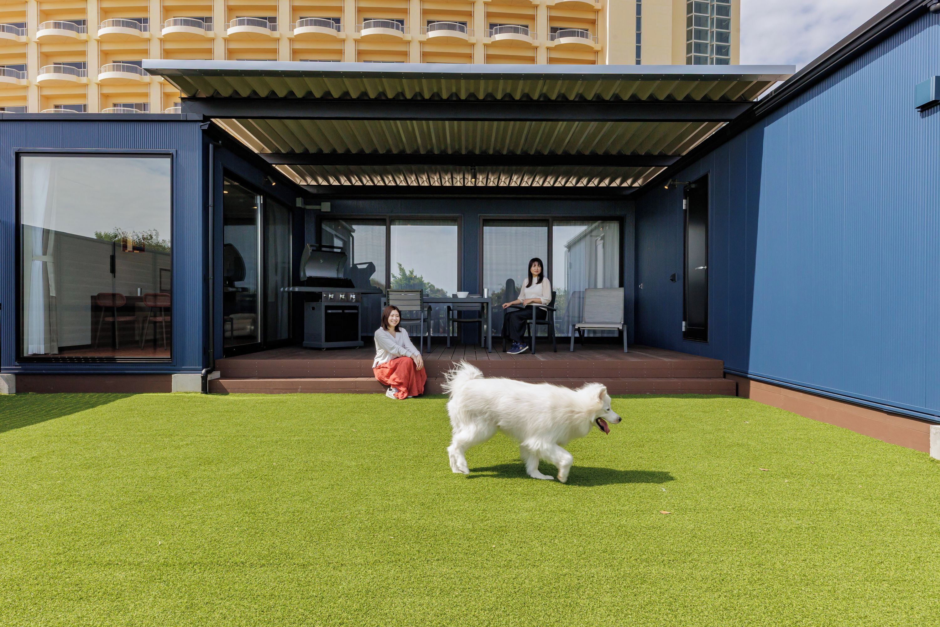A modern building with a covered patio area, a grassy lawn, and a dog.
