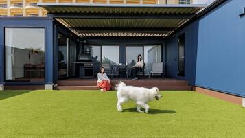 A modern building with a covered patio area, a grassy lawn, and a dog.