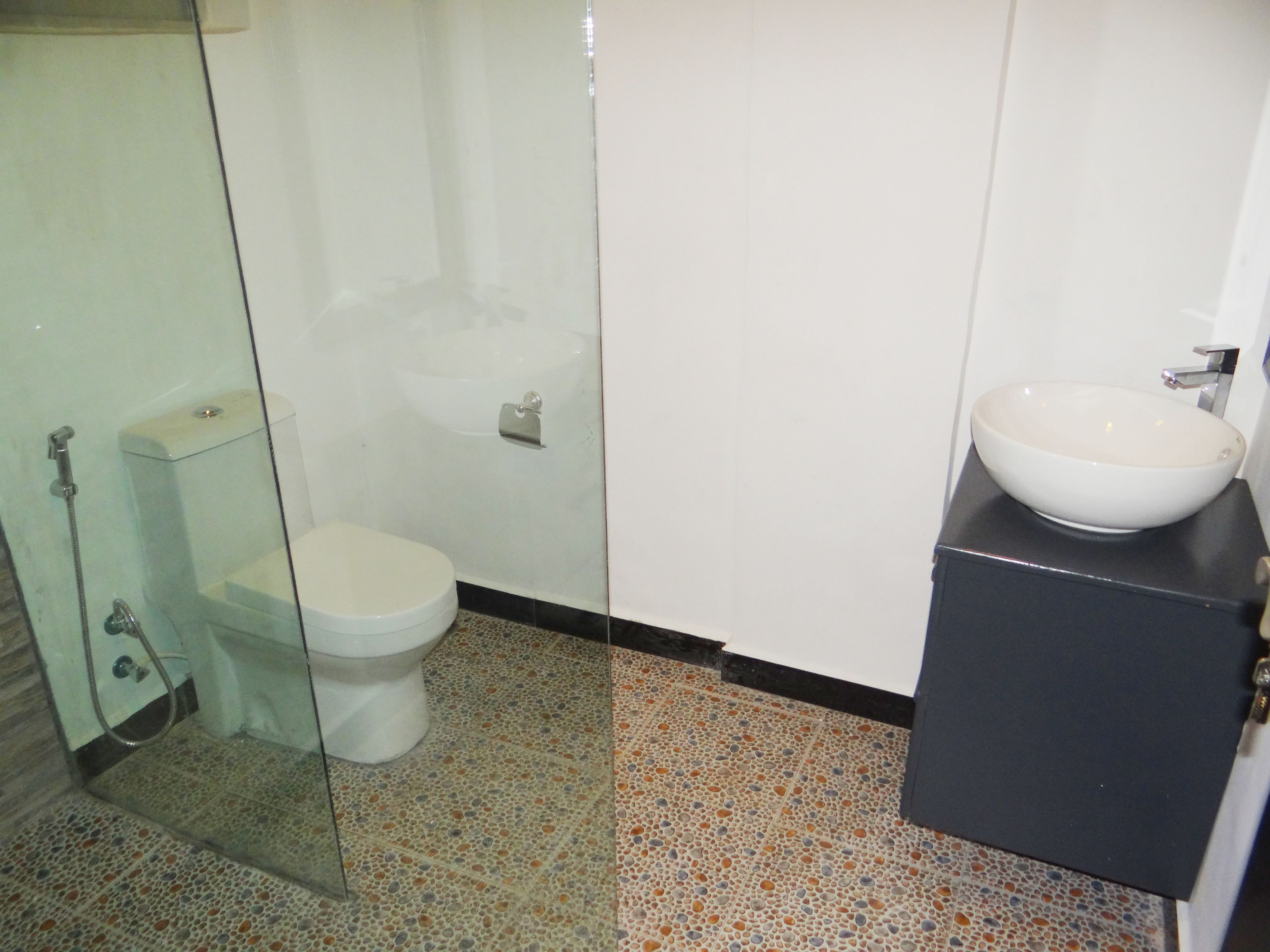 A bathroom with a glass-enclosed shower, a toilet, and a sink with a black countertop.