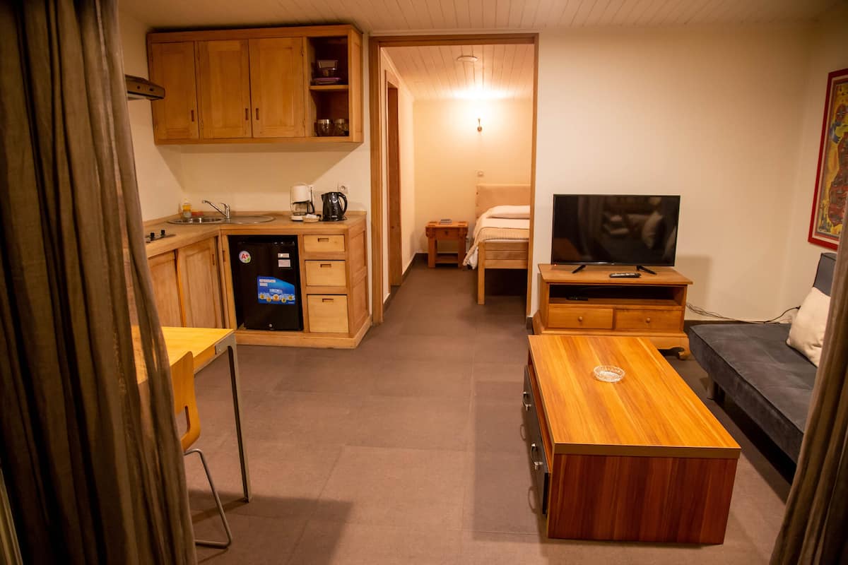 A compact living space with a kitchenette, a dining table, a TV, and a bed.