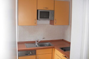 Una cucina compatta con mobili in legno, un forno a microonde integrato e un lavandino in acciaio inossidabile.