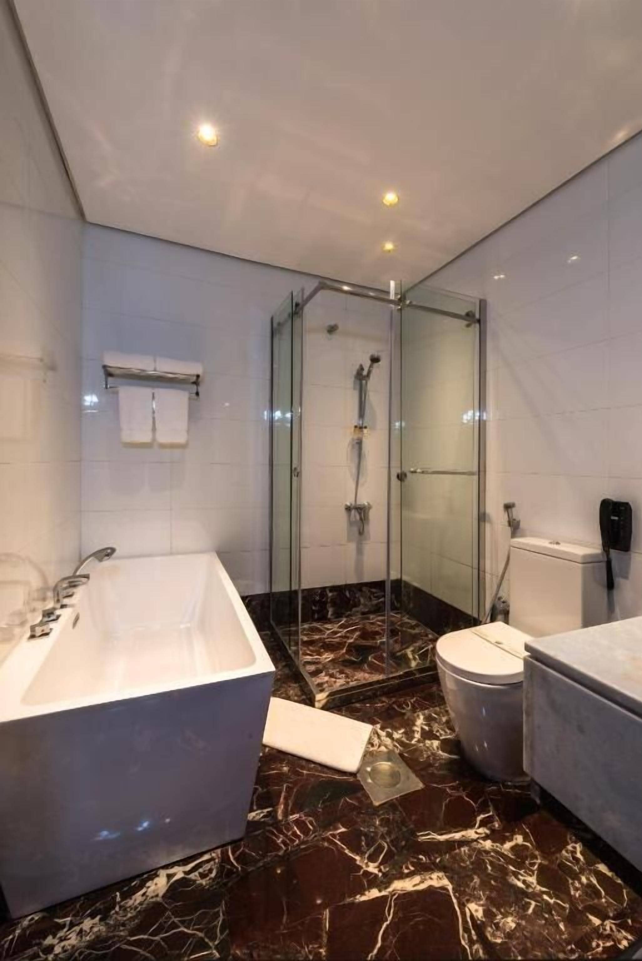 Une salle de bain moderne avec une douche à parois de verre, une grande baignoire et des toilettes.