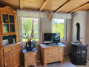 Ein gemütliches Zimmer mit Holzboden, einem Fernseher auf einem kleinen Holztisch, einer Vitrine und einem großen Fenster mit Blick auf Grünflächen.