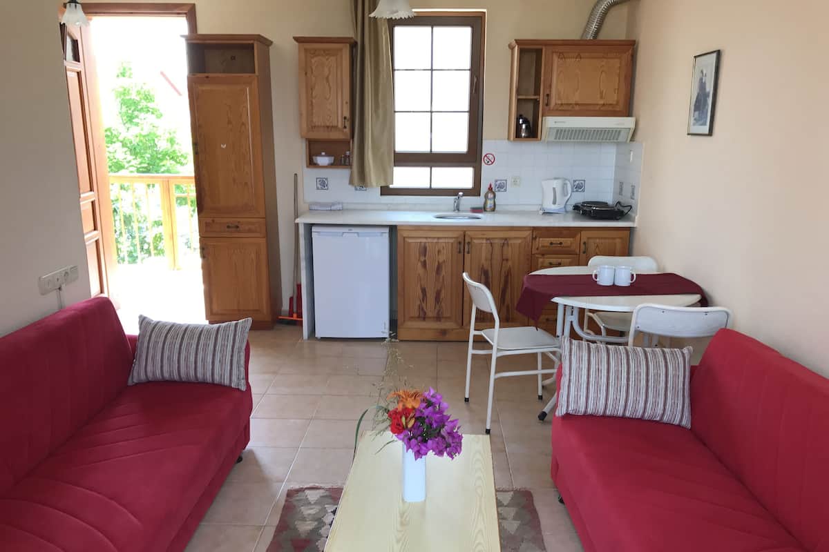 Un espacio habitable compacto con kitchenette, dos sofás rojos, una pequeña mesa de comedor y una mesa de centro con flores.