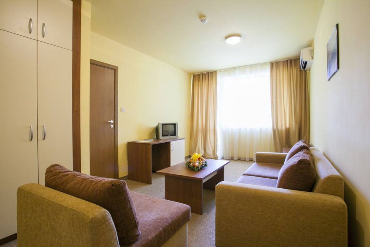 A hotel room with a sofa, a small table with a flower arrangement, a television on a stand, and a wardrobe.