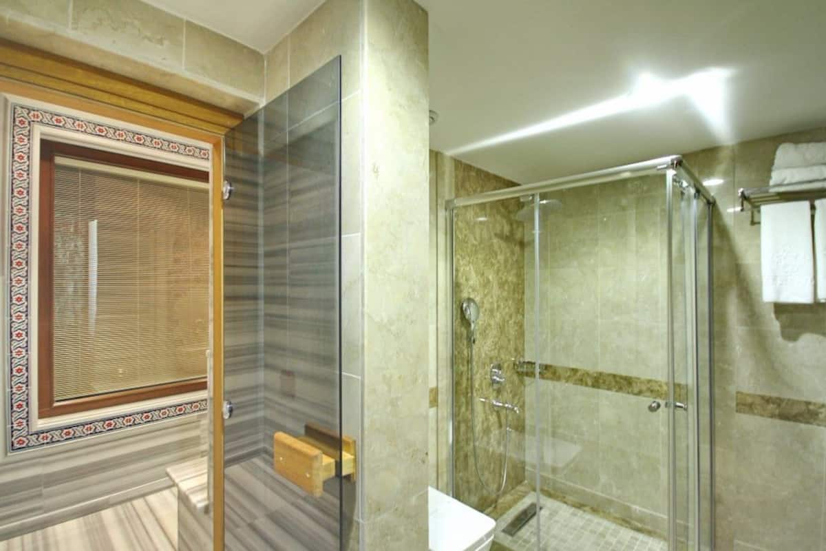 Shower, free toiletries, hair dryer, slippers
