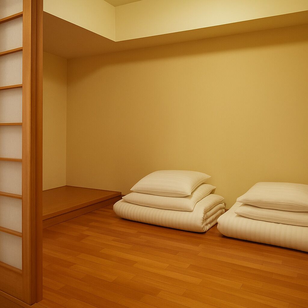 Ein Zimmer mit Holzboden, einer eingebauten Ablagefläche in einer Ecke und zwei gestapelten Kissen.