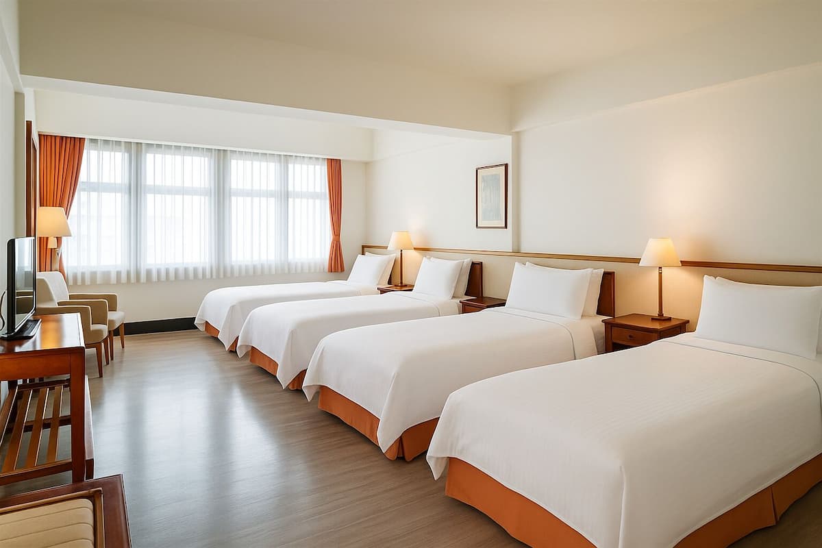 Quarto de hotel com três camas, uma escrivaninha e uma televisão.