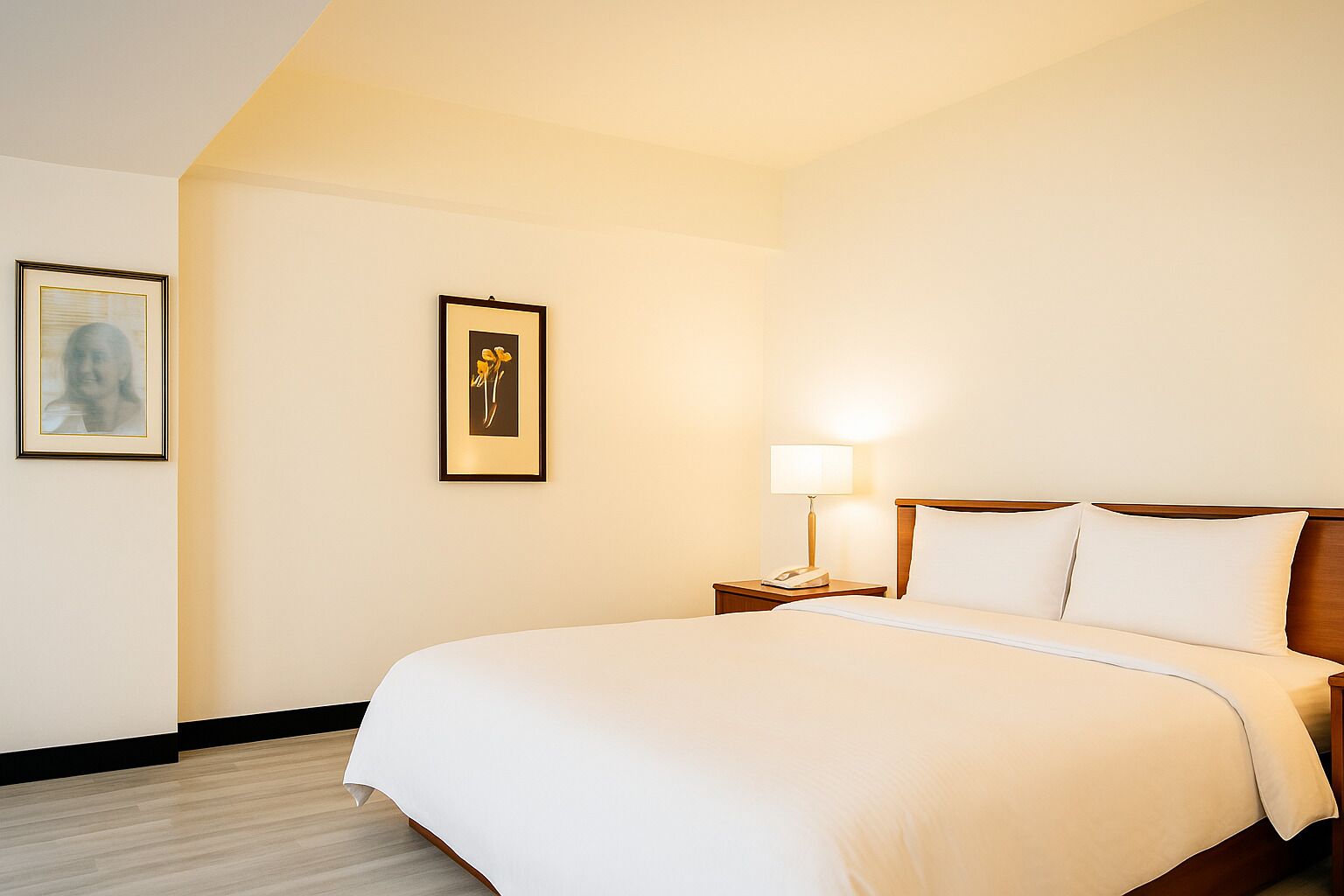 A hotel room with a large bed, a bedside table with a lamp, and two framed pictures on the wall.