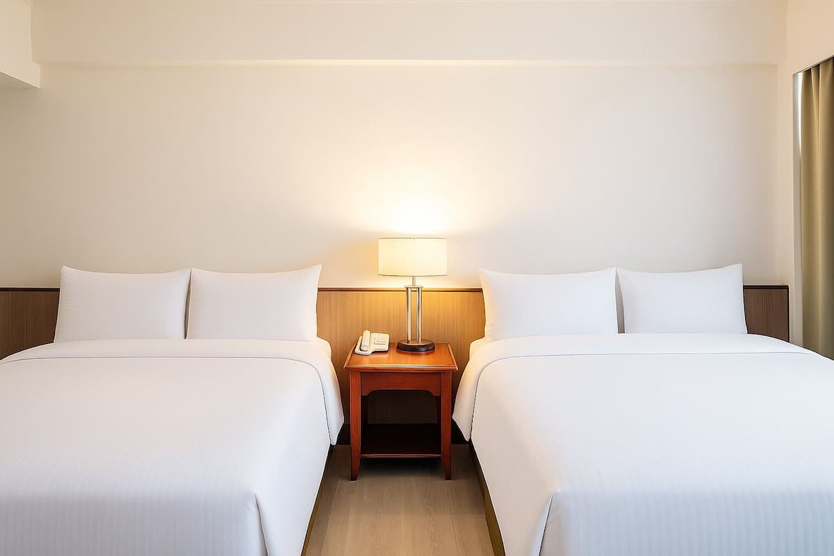 Quarto de hotel com duas camas, uma mesa de cabeceira com abajur e um telefone.