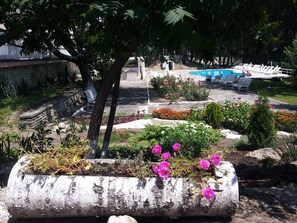 A garden with a swimming pool, benches, and various plants. - Hotel Zarya- All Inclusive Light (Golden Sands)