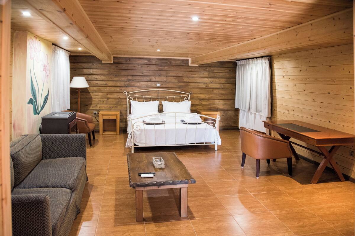 Una habitación acogedora con cama, sofá, mesa y una silla.