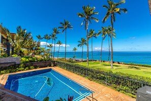 Una piscina con vista sull'oceano e palme.