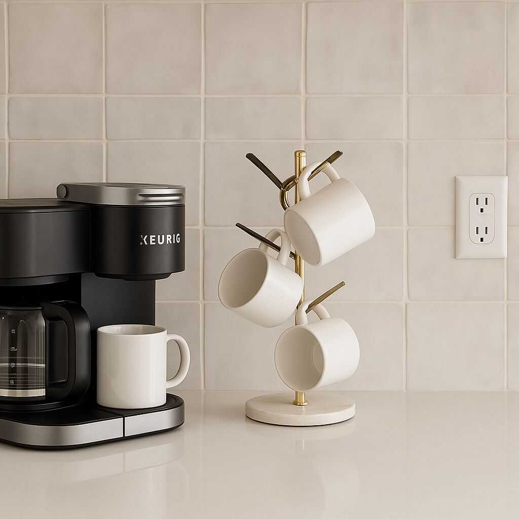 Moderni keittiö, jossa on Keurig-kahvinkeitin ja valkoinen muki-teline.