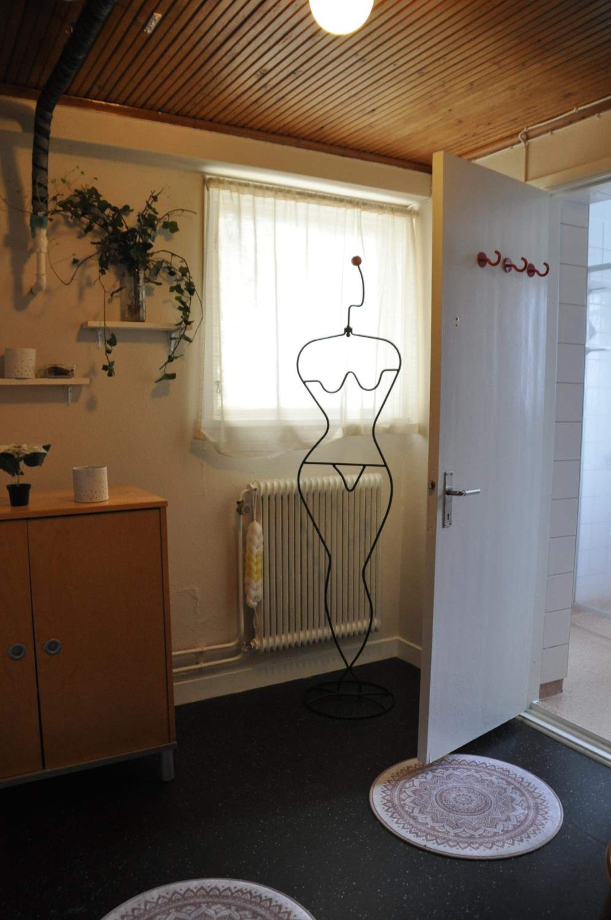 Een kamer met een houten plafond, een radiator, een witte deur en een hangplant.