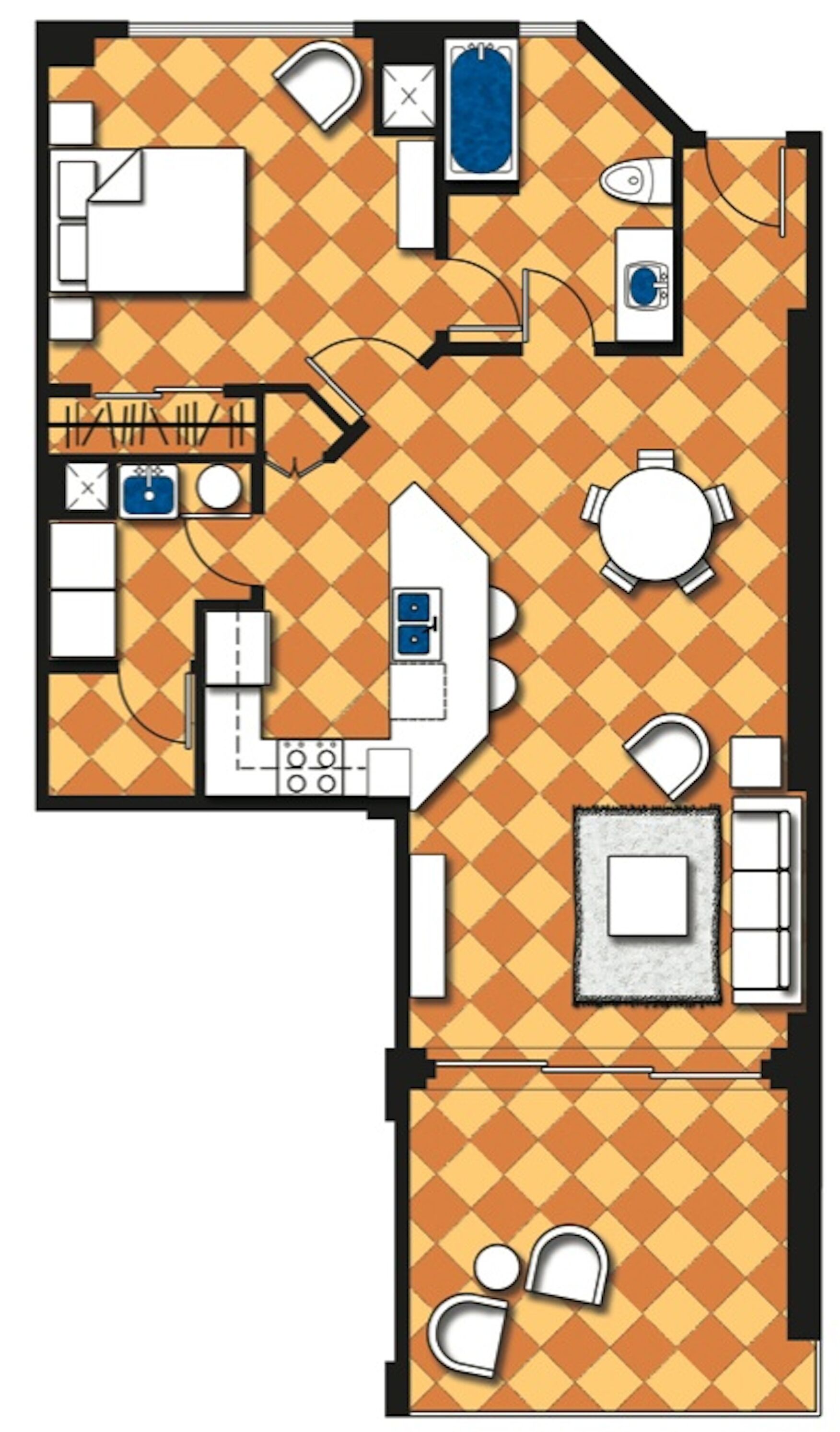 En planritning över ett hotellrum med kök, badrum, en sittgrupp och en liten pool.