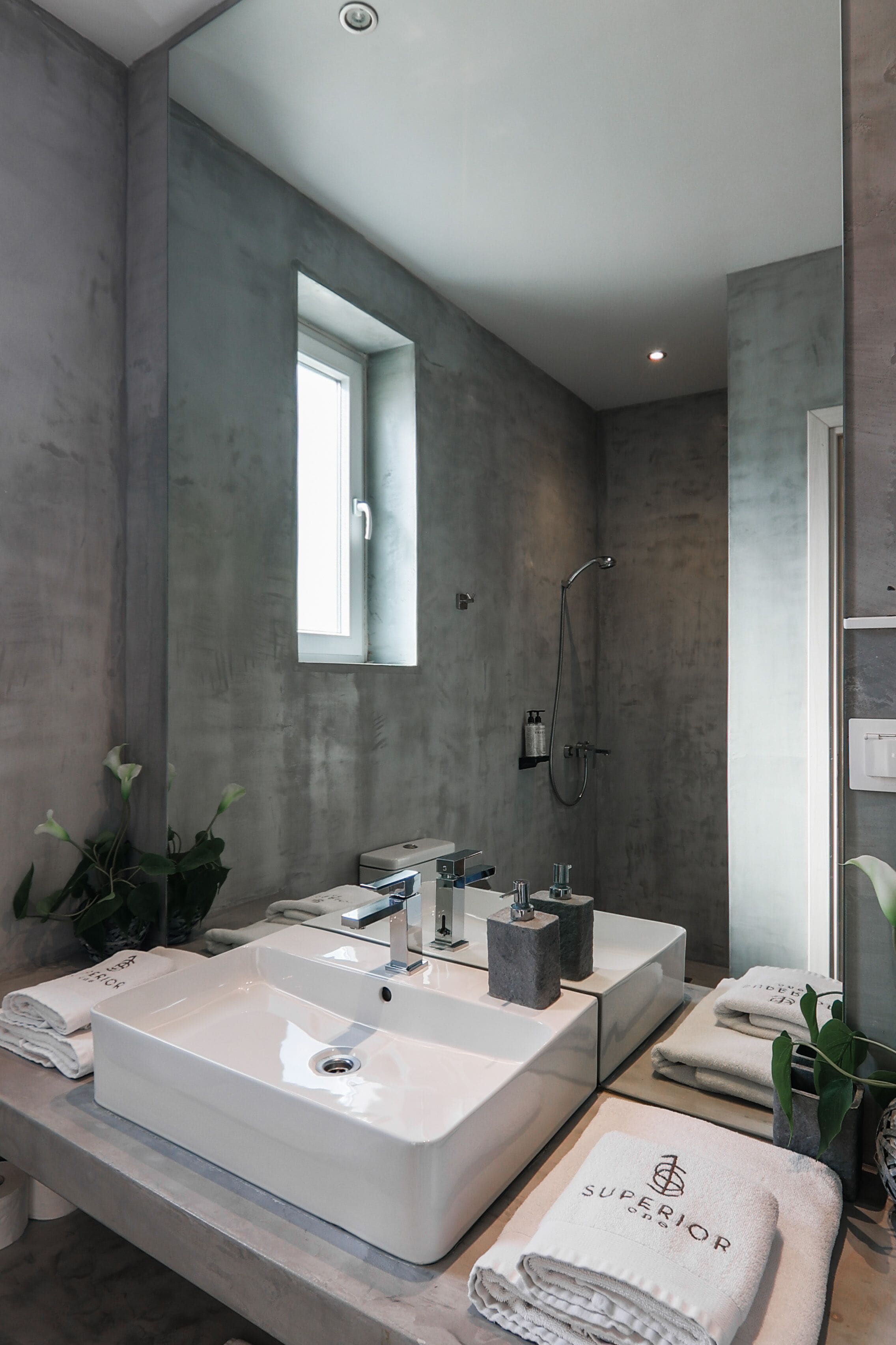 A modern bathroom with two large sinks, a shower, and a mirror.