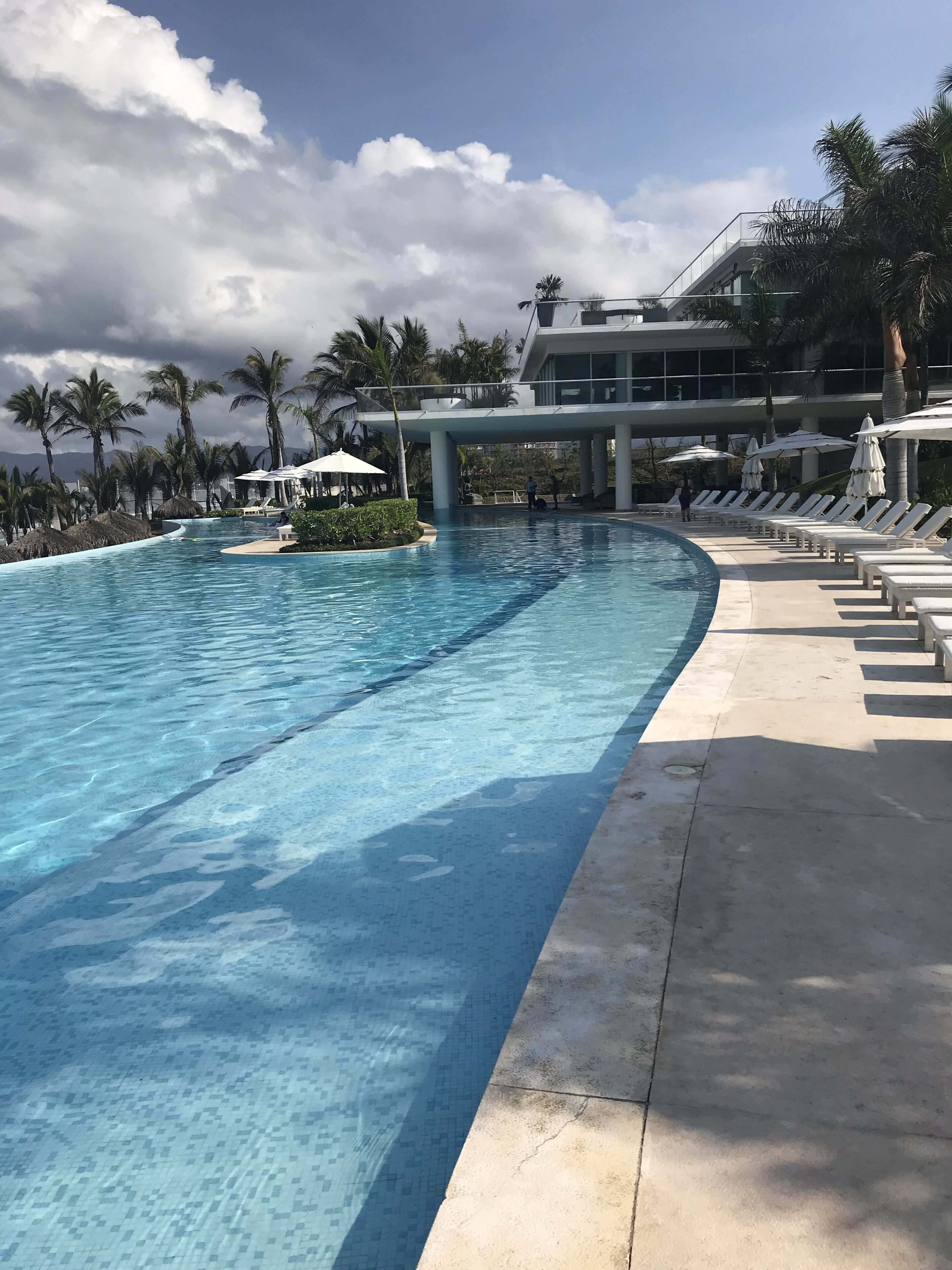 Una piscina con sillas de descanso y sombrillas, rodeada de palmeras y un edificio moderno.