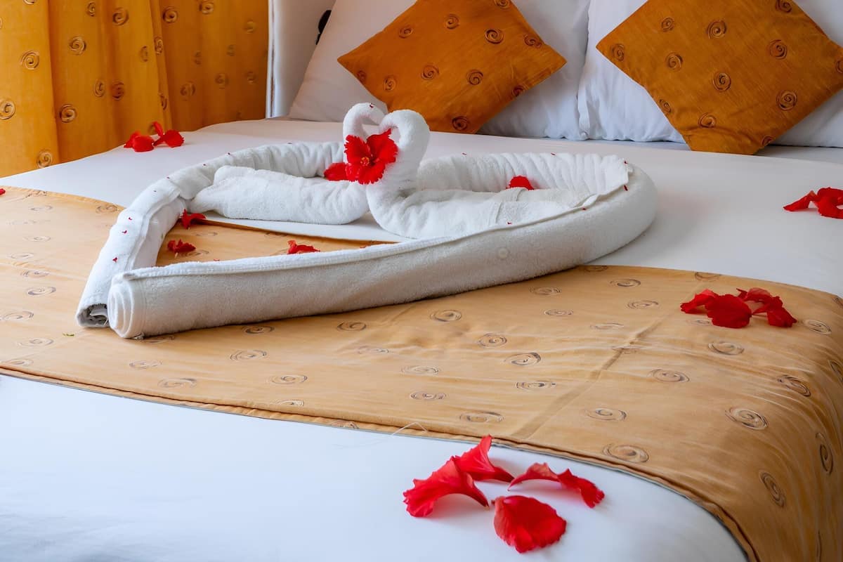 A neatly made bed with a rolled towel, two pillows, and rose petals scattered on the bedspread.