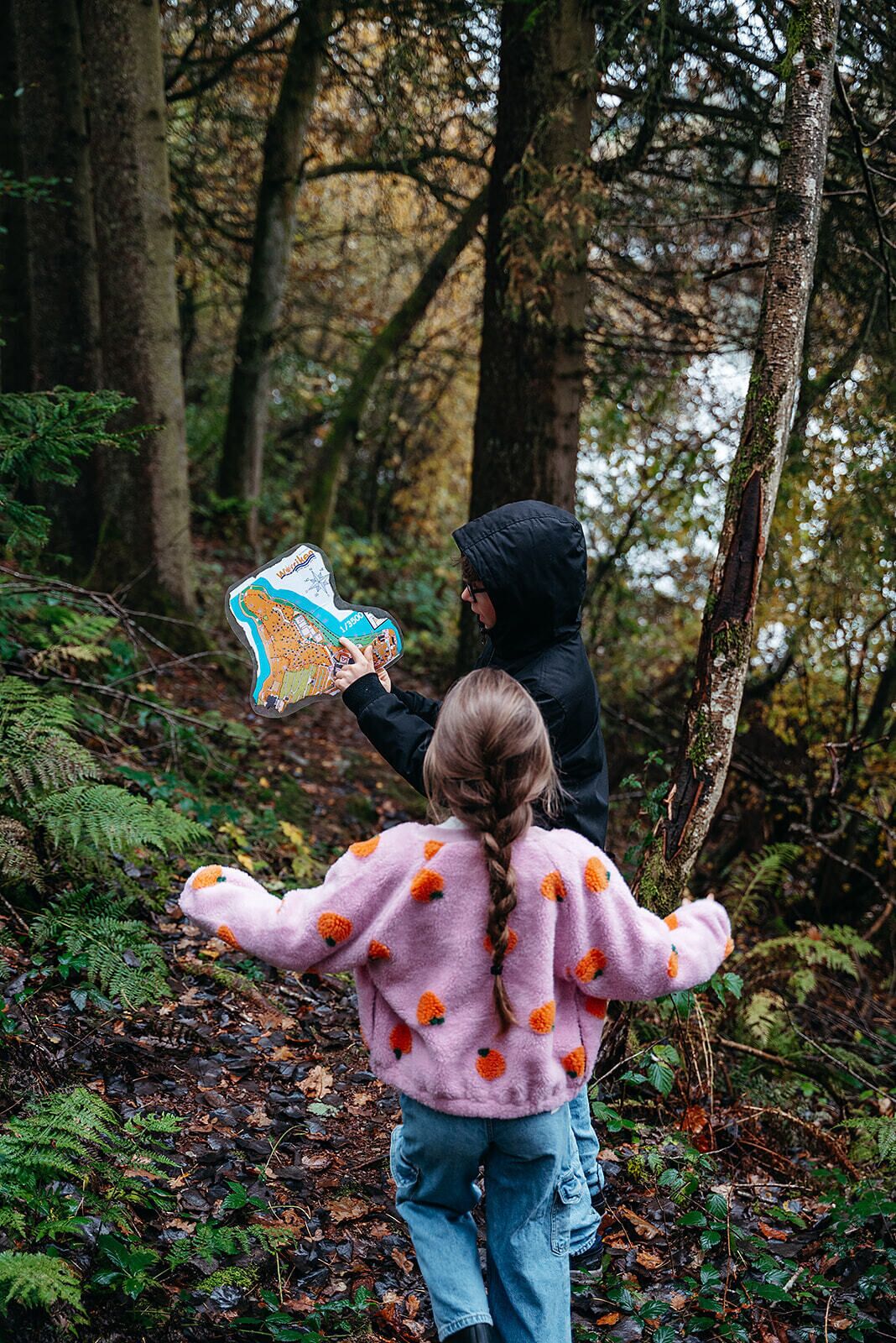 Escena de un bosque con una persona sosteniendo un mapa.