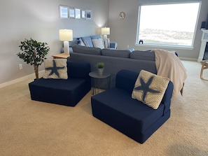 Smart TV, fireplace, books