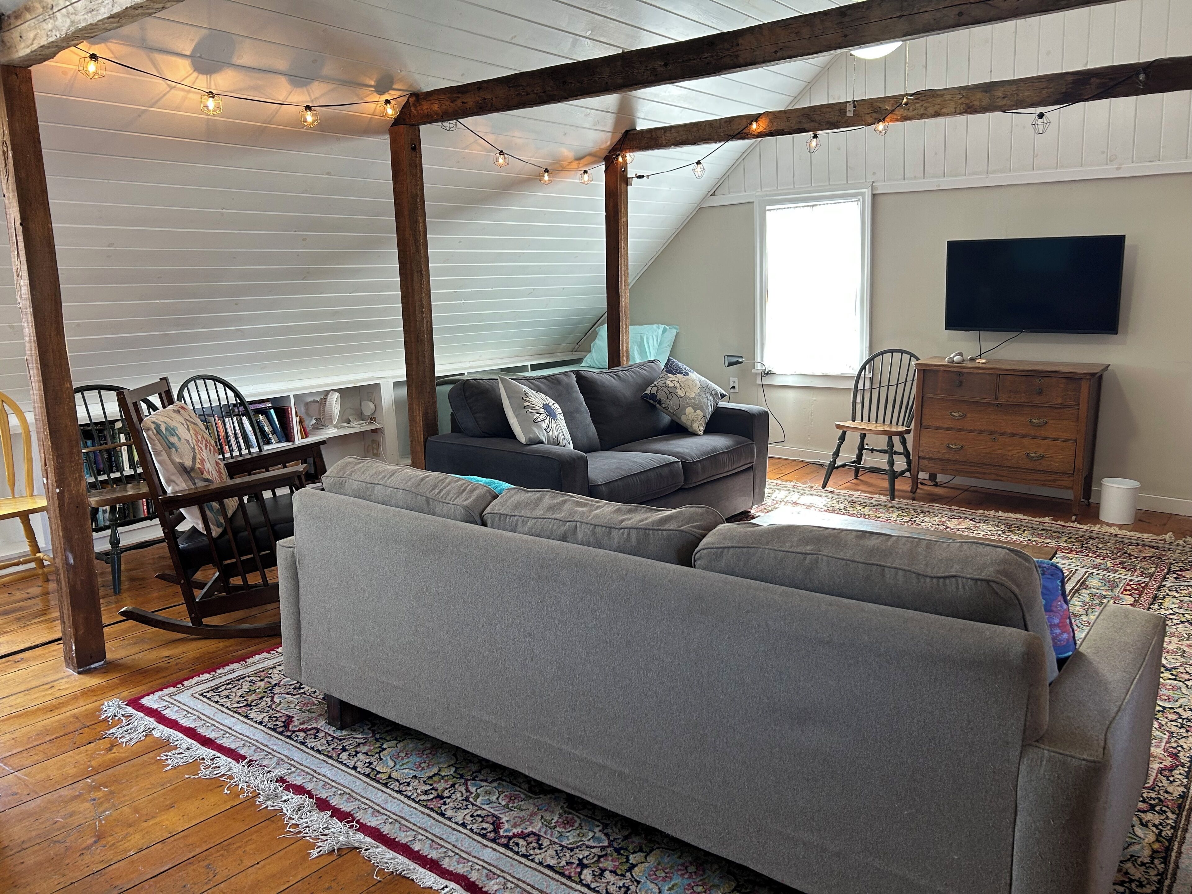 Smart TV, fireplace, books