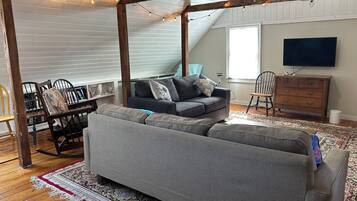 Smart TV, fireplace, books