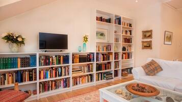 Flat-screen TV, DVD player, books