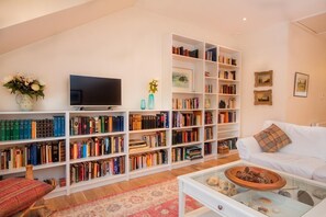 Flat-screen TV, DVD player, books