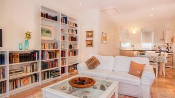Flat-screen TV, DVD player, books