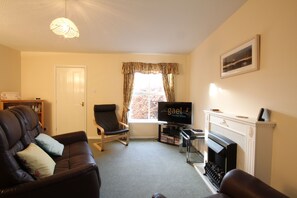 Televisión de pantalla plana, reproductor de DVD, libros