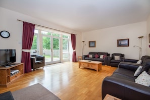 Flat-screen TV, fireplace, books