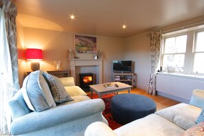 Flat-screen TV, fireplace, DVD player, books