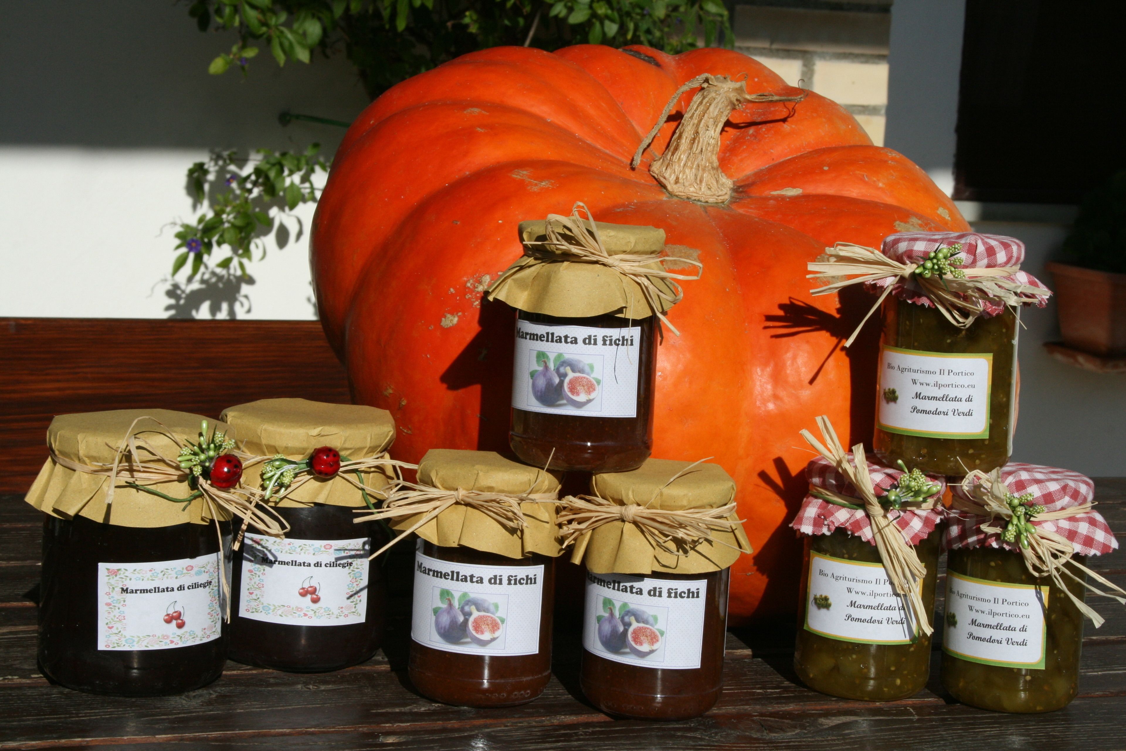 A display of various marmellata di fichi jars with labels, arranged on a wooden surface in front of a large pumpkin.