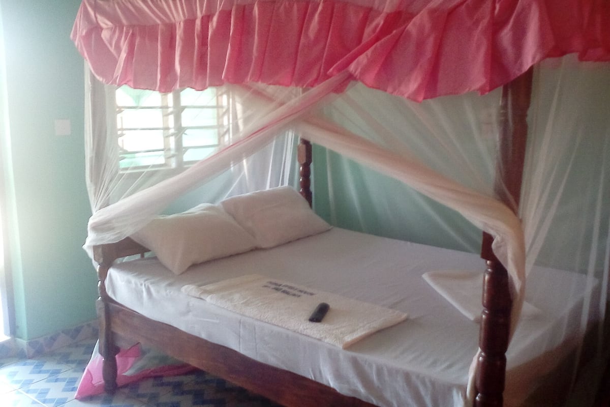 A four-poster bed with a canopy, white bedding, and a single pillow.