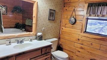 Shower, jetted tub, hair dryer, towels